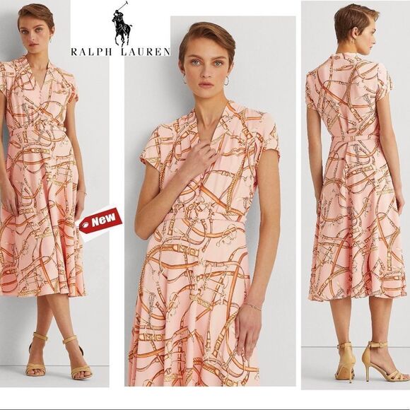LAUREN Ralph Lauren pink tan motif-print belted crepe midi dress Sz 10 NWT - Picture 1 of 17